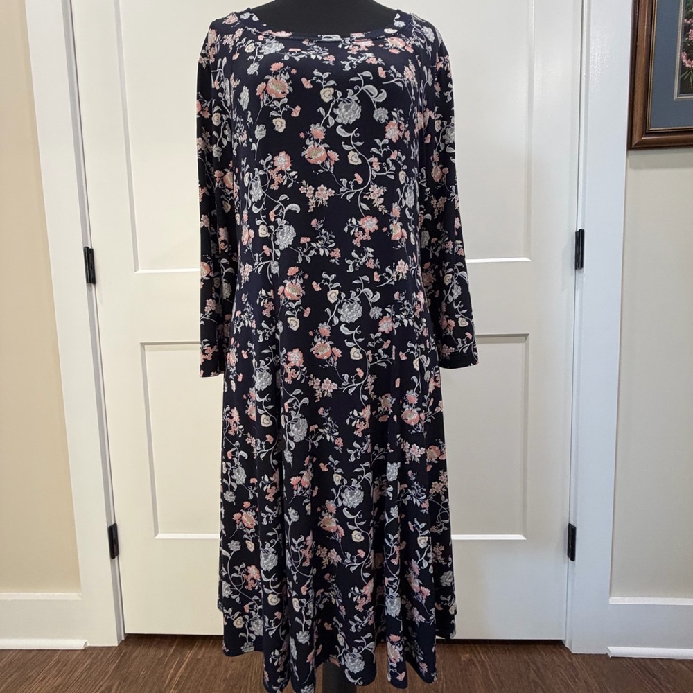 Karen Kane 3/4 Length Sleeves Navy Dress with Pink & Gray Floral Print
